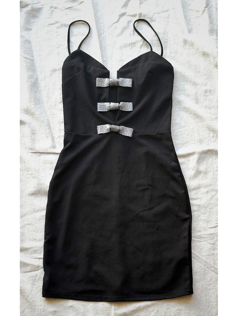 Arden B. Black Cocktail Mini Dress with Rhinestone Bow Accents, Size Small #hoco